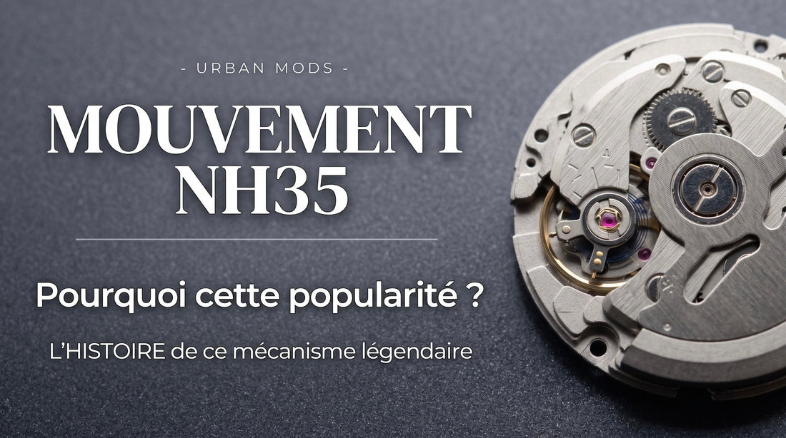 Mouvement automatique NH35 sur fond vert illustrant l’histoire du calibre NH35