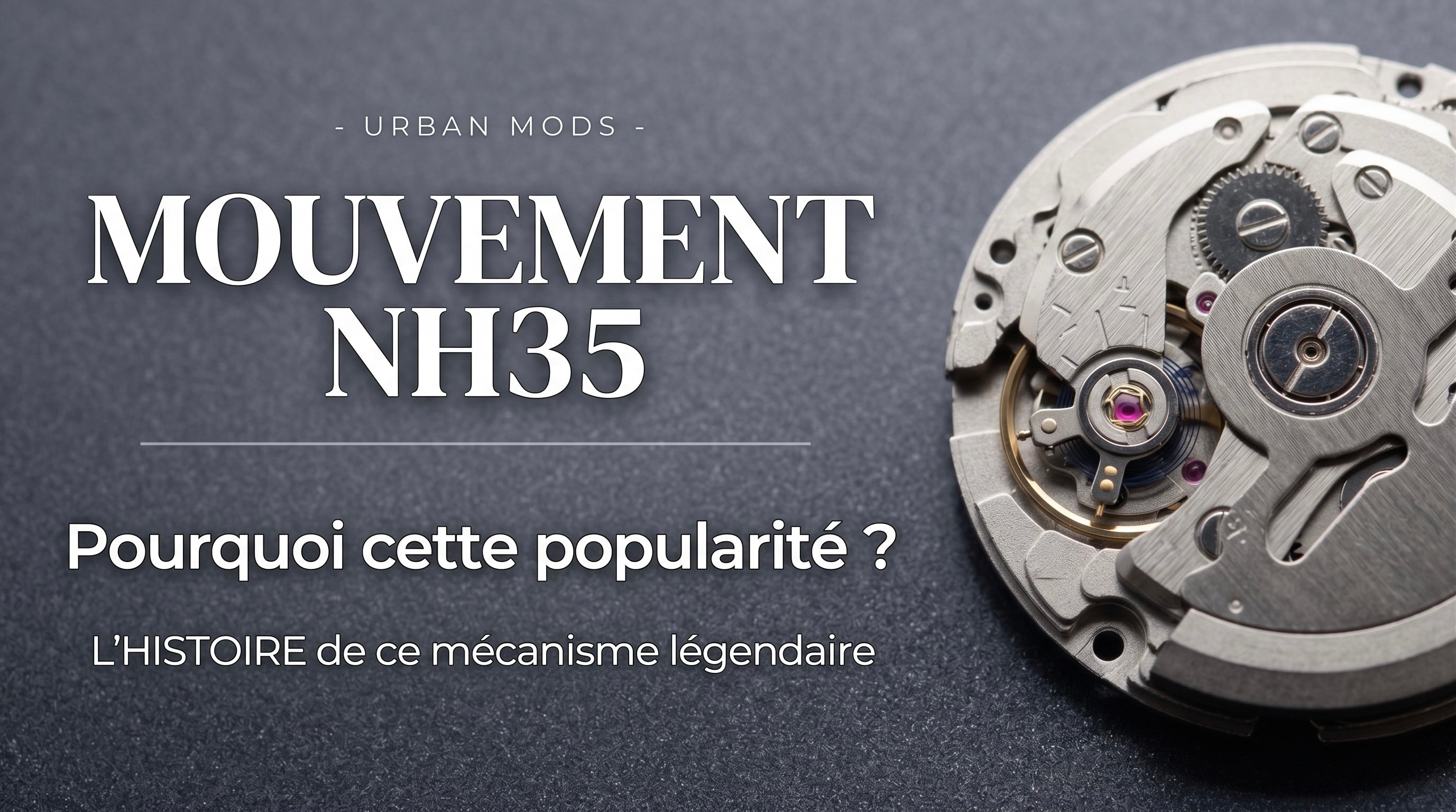 Mouvement automatique NH35 sur fond vert illustrant l’histoire du calibre NH35