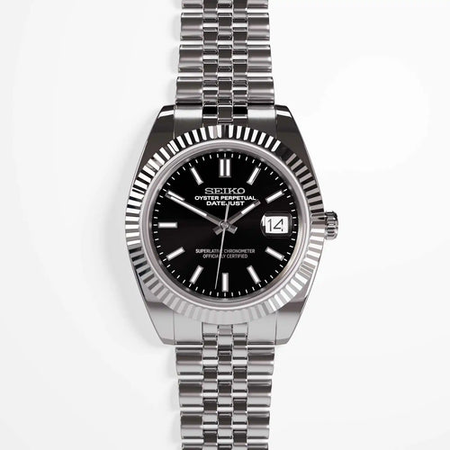 SeikoMod Classic Black seiko mod watch automatic with brushed stainless steel bracelet and black dial