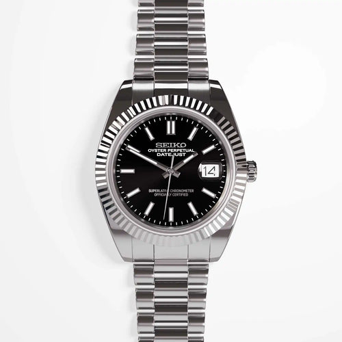 SeikoMod Classic Black seiko mod watch automatic with brushed stainless bracelet and black dial